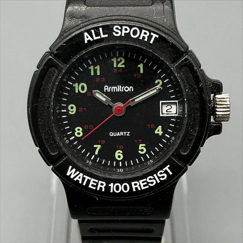 Vtg Armitron All Sport Mens Watch 28mm Black Dial Rubber Date New Battery
